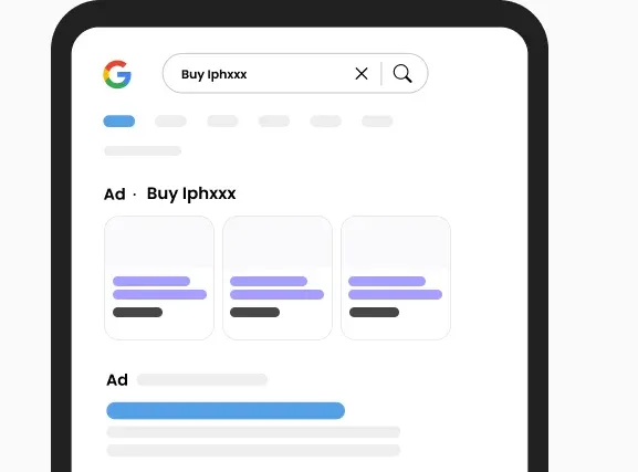 Mobile mockup of a Google search page for 'Buy iPhone', showing paid shopping ads and text ads at the top of the results.