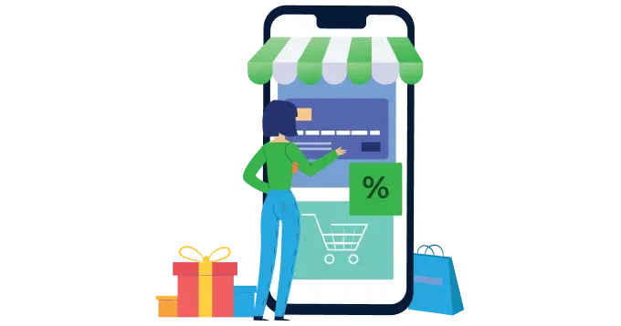 Illustration of a person using a mobile shopping app with a storefront awning and credit card display