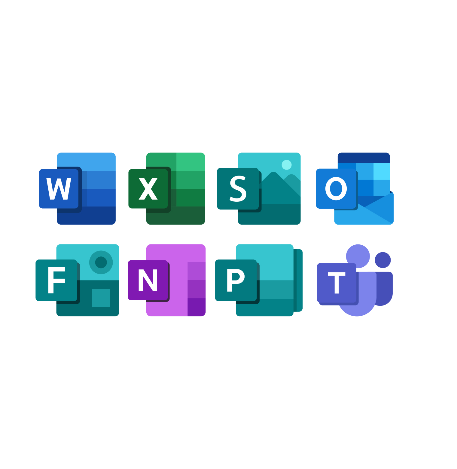 A collection of Microsoft 365 app icons including Word, Excel, PowerPoint, Outlook, and Teams